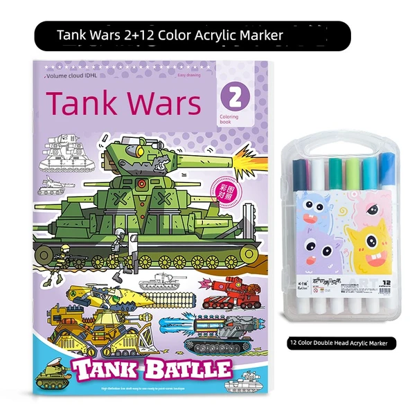 Tank Savaşları Boyama Kitabı [Tekli] Tank Savaşı ② + 12 Renkli Akrilik Kalem