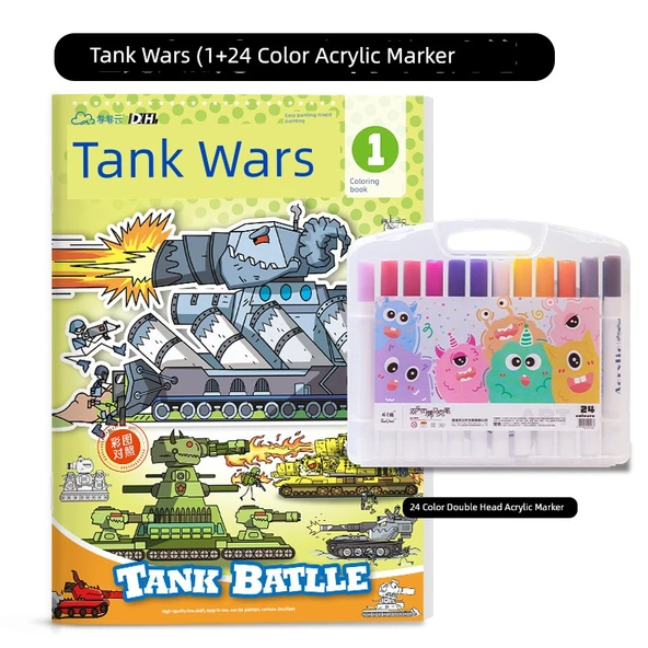 Tank Savaşları Boyama Kitabı [Tekli] Tank Savaşı ① + 24 Renkli Akrilik Kalem