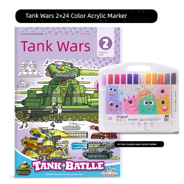 Tank Savaşları Boyama Kitabı [Tekli] Tank Savaşı ② + 24 Renkli Akrilik Kalem