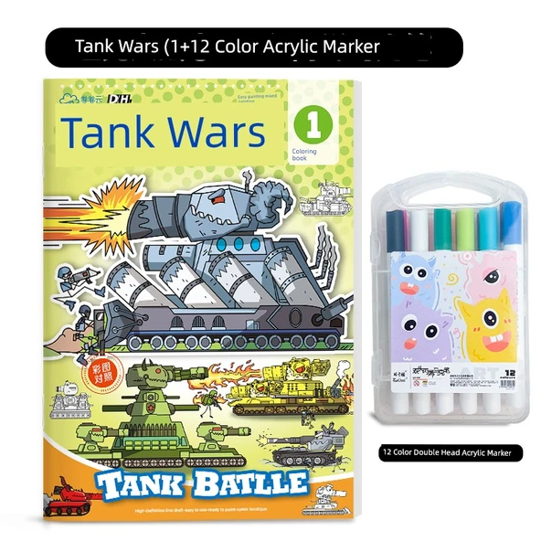 Tank Savaşları Boyama Kitabı [Tekli] Tank Savaşı ① + 12 Renkli Akrilik Kalem