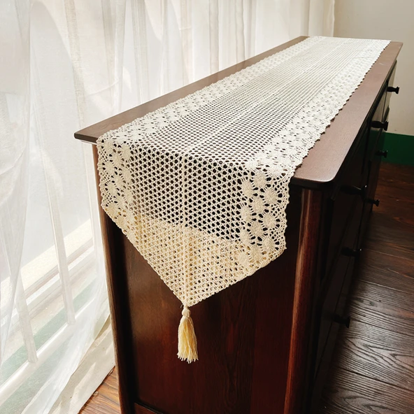 Krem (Keskin) Tığ İşi Pamuklu Masa Örtüsü - 43x150cm