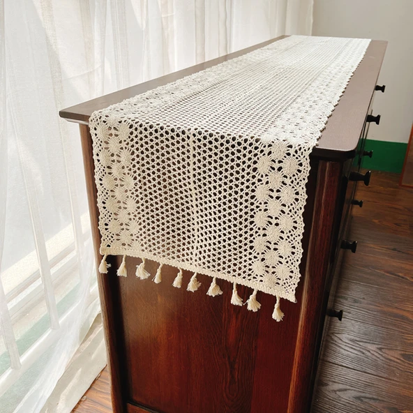 Krem (Düz) Tığ İşi Pamuklu Masa Örtüsü - 30x210cm