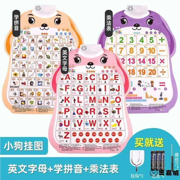 Çince Pinyin Alfabe Duvar Tablosu - 3 Yavru Köpek: İngilizce Harfler + Pinyin + Çarpım Tablosu
