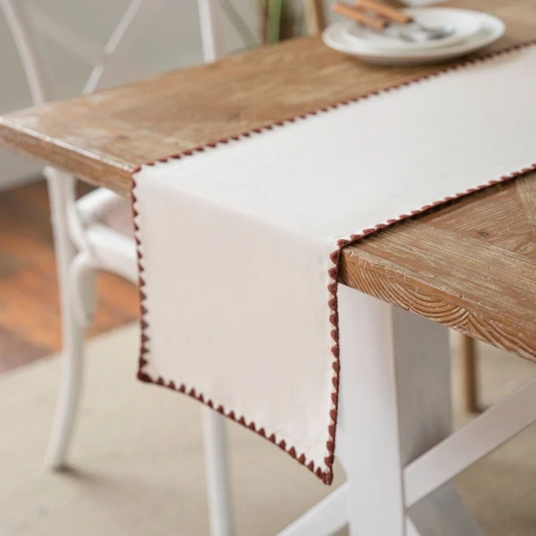 Fransız Vintage Dantelli Masa Örtüsü - Düz Keten Dantel 30x180 cm