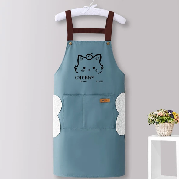 Çizgi Film Kirazlı Kedi Mutfak Önlüğü - Askılı Siyah Mavi El Silmeli