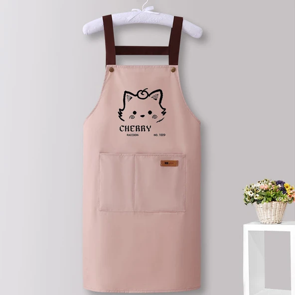 Çizgi Film Kirazlı Kedi Mutfak Önlüğü - Askılı Siyah Pembe
