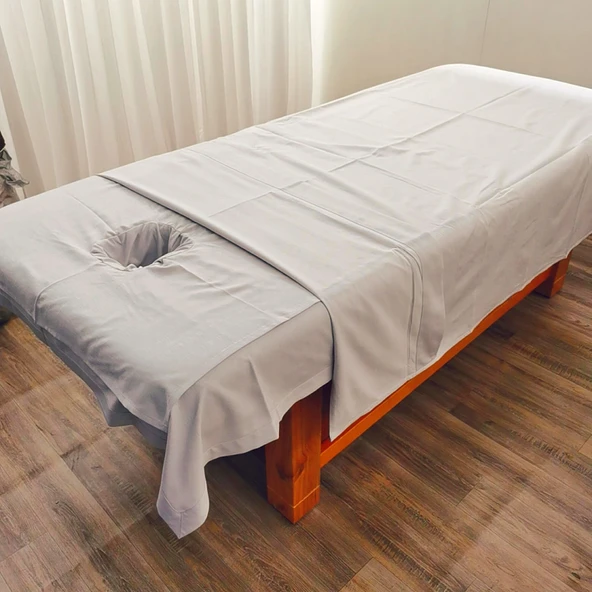 Güzellik Salonu Yatak Örtüsü Seti - Açık Gri - Delikli Havlu 75*45cm