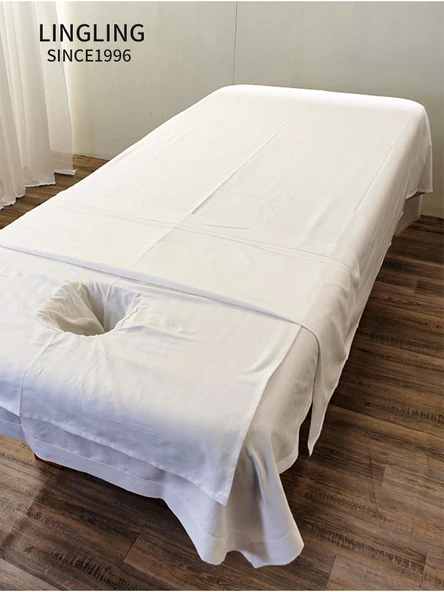 Güzellik Salonu Yatak Örtüsü Seti - Beyaz - Yatak Örtüsü + Kirli Yorgan Kılıfı + Delikli Havlu - Resim 3