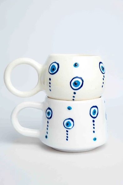 El Yapımı Seramik 2'li Nazar Kahve Fincanı, Seramik Double Kupa, 2 Kulp, Seramik Damla Nazar