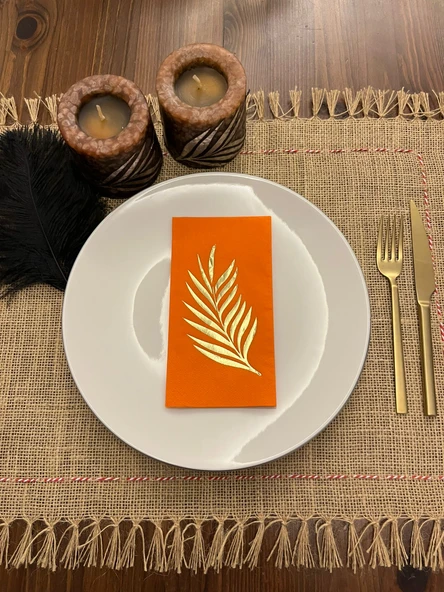 Gold Yaldızlı Turuncu Yaprak Desenli Peçete 16 Adet ürün görseli 1