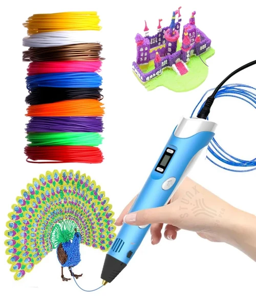Mavi Renk 3D Kalem + 3 Renk Toplam 10 Metre Pla Filament + Şablon - 4