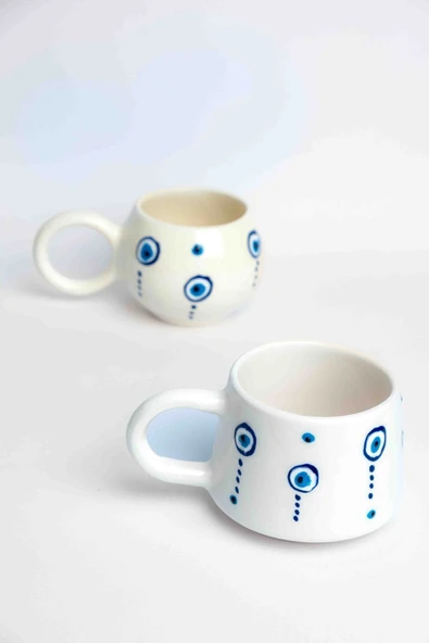 El Yapımı Seramik 2'li Nazar Kahve Fincanı, Seramik Double Kupa, 2 Kulp, Seramik Damla Nazar - 2