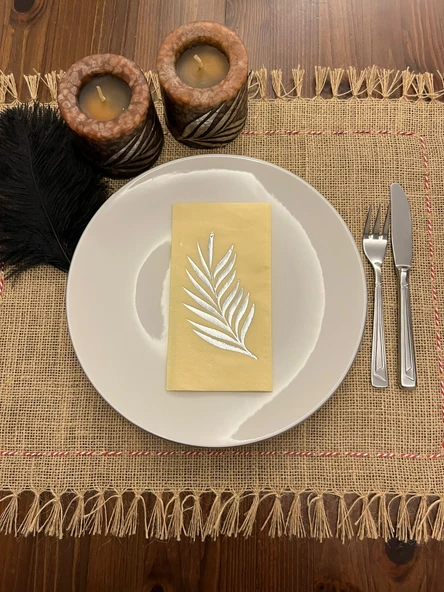 Gümüş Yaldızlı Sarı Yaprak Desenli Peçete 16 Adet ürün görseli 1