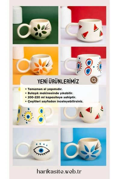 El Yapımı Seramik 2'li Nazar Kahve Fincanı, Seramik Double Kupa, 2 Kulp, Seramik Damla Nazar - 5