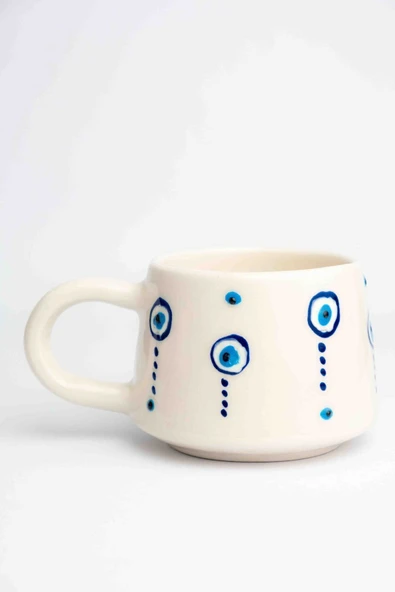 El Yapımı Seramik 2'li Nazar Kahve Fincanı, Seramik Double Kupa, 2 Kulp, Seramik Damla Nazar - 4