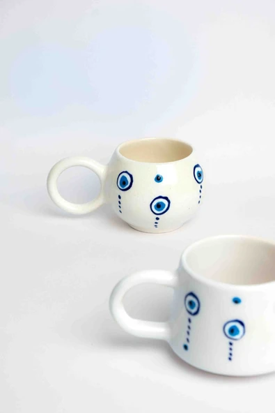 El Yapımı Seramik 2'li Nazar Kahve Fincanı, Seramik Double Kupa, 2 Kulp, Seramik Damla Nazar - 3