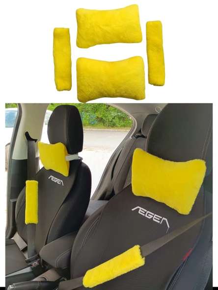 Peluş Ortopedik Araba Seyahat Boyun Yastığı Emniyet Kemer Pedi Seti Sarı - 2