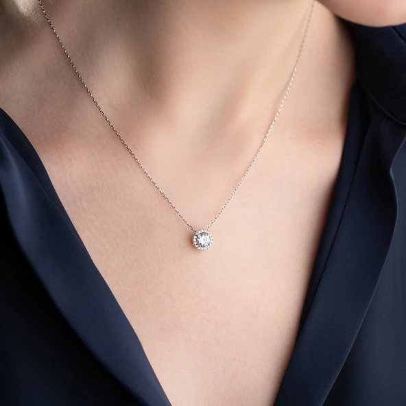 Vaoov 925 Ayar Gümüş Pırlanta Montürlü Tektaş Kolye - Resim 5