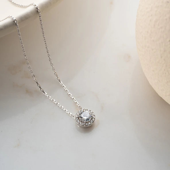 Vaoov 925 Ayar Gümüş Pırlanta Montürlü Tektaş Kolye - Resim 2