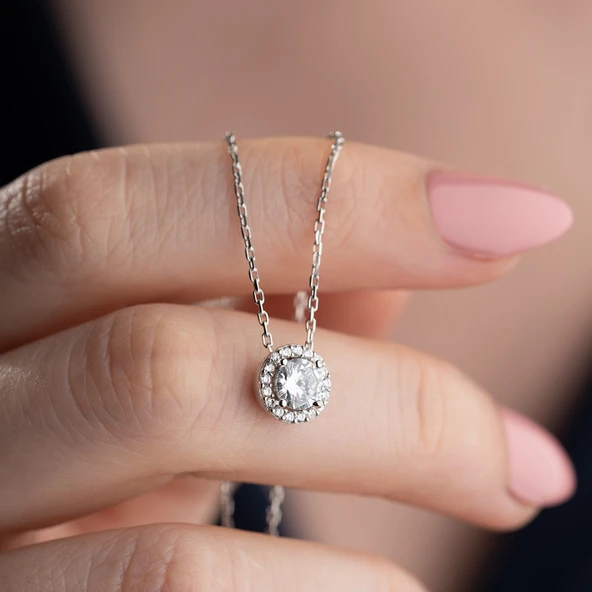 Vaoov 925 Ayar Gümüş Pırlanta Montürlü Tektaş Kolye - Resim 3