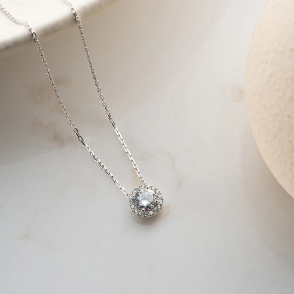 Vaoov 925 Ayar Gümüş Pırlanta Montürlü Tektaş Kolye - Resim 4