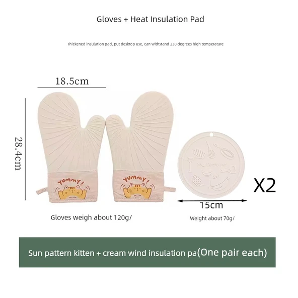 Silikon Isı Yalıtımlı Mutfak Eldiveni - Güneş Desenli Yavru Kedi (Çift) + Krem Rüzgar Yalıtım Pedi (Çift)