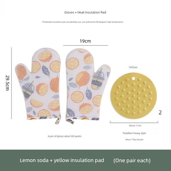 Silikon Isı Yalıtımlı Mutfak Eldiveni - Limon Soda (Çift) + Sarı Yalıtım Pedi 2
