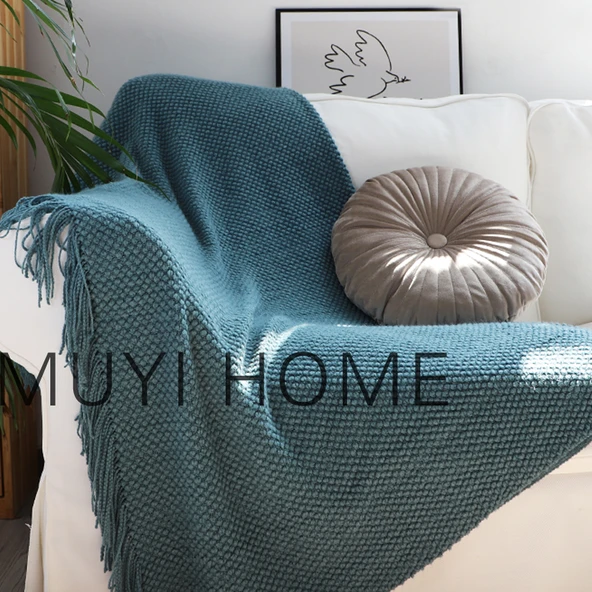 Nordik Tarzı Örme Akrilik Battaniye Yatak Örtüsü - Malahit Yeşili 130cm x 170cm