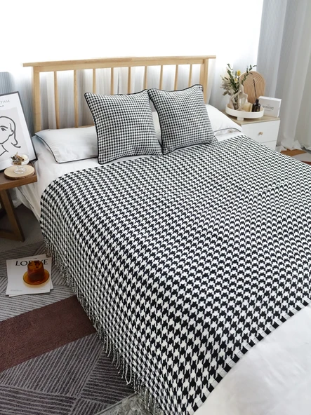 Kazayağı Desenli Örme Battaniye - Siyah Beyaz Akrilik - 60x270cm (2m Yatak) - 5