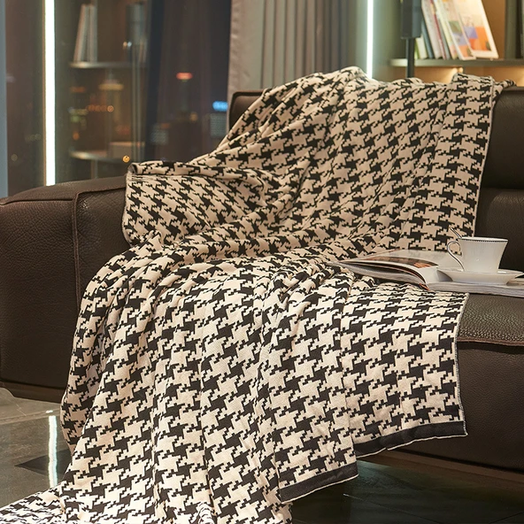 Kazayağı Desenli Örme Battaniye - Siyah Beyaz Pamuk - 130x170cm (Koltuk)
