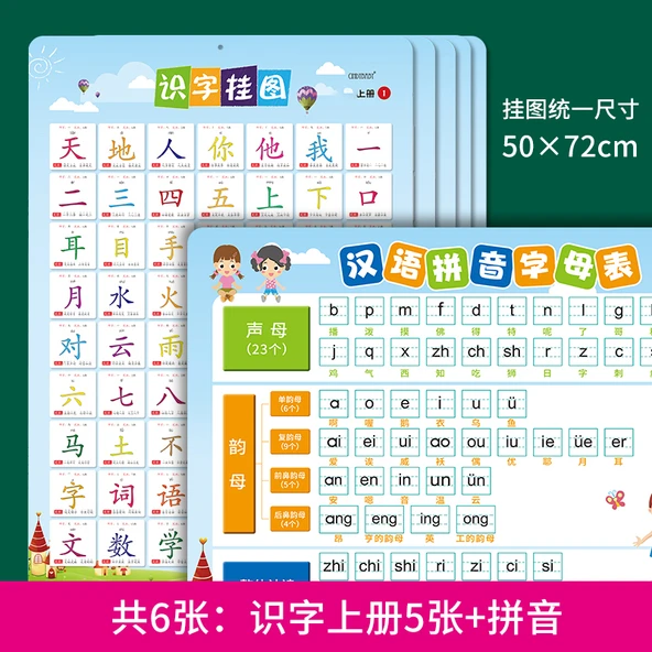 Çocuklar için Çince Pinyin Öğrenme Duvar Tablosu - 5 Okuma Yazma Duvar Tablosu + 1 Pinyin Duvar Tablosu (2 Kırmızı Kalem Hediye)