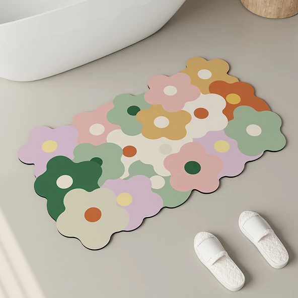 Kore Tarzı Banyo Paspası - Sarı Yeşil Çiçekli - 60x90cm