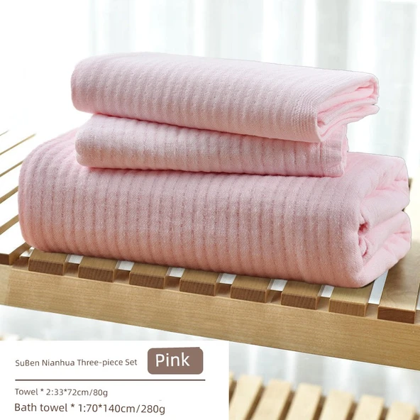 Pamuklu Müslin Hızlı Kuruyan Banyo Havlusu Hediye Seti - Pembe (Banyo Havlusu + 2 Havlu)