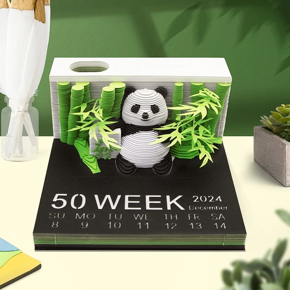 Panda Bambu Haftalık Takvim 2025 - 3D İngilizce Takvim [İngilizce Versiyon] Tozluk Hediyeli