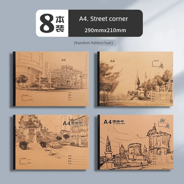 A4 Boyama Kitabı - Köşe 30-60 Sayfa - 8 Adet, Gouline Kalem, Kalem, Silgi ve Kalemtıraş Hediyeli