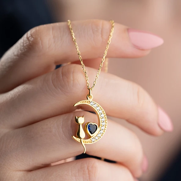 Vaoov 925 Ayar Gümüş Kalp Taşlı Ay ve Kedi Kolye ürün görseli