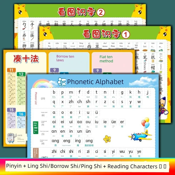 Anaokulu 1. Sınıf Toplama Çıkarma Formül Duvar Tablosu - [4] Pinyin + On Toplama + Resimli Okuma Yazma 1/2