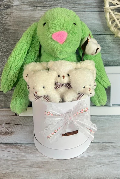 Özel Kutuda, Yeşil Jellycat Tavşan, 5 Beyaz Ayıcık – Pamuk Çiçeği Dokunuşlu, Özel Ayıcık Buketi - 3