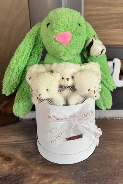 Özel Kutuda, Yeşil Jellycat Tavşan, 5 Beyaz Ayıcık – Pamuk Çiçeği Dokunuşlu, Özel Ayıcık Buketi - 4