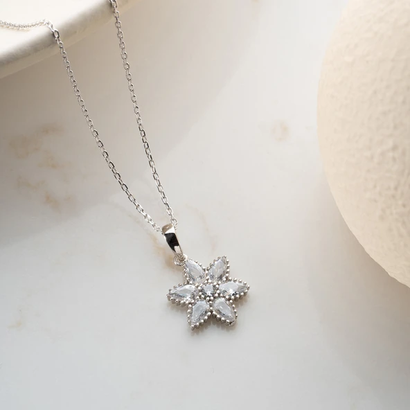 Vaoov 925 Ayar Gümüş Damla Taşlı Çiçek Kolye - Resim 4