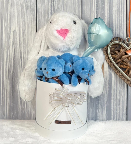 Özel Kututusunda; 45 cm Beyaz Jellycat Tavşan, 5'li Ayıcık ve Folyo Kalp Balonlu SET-Ayıcık Buketi - 3