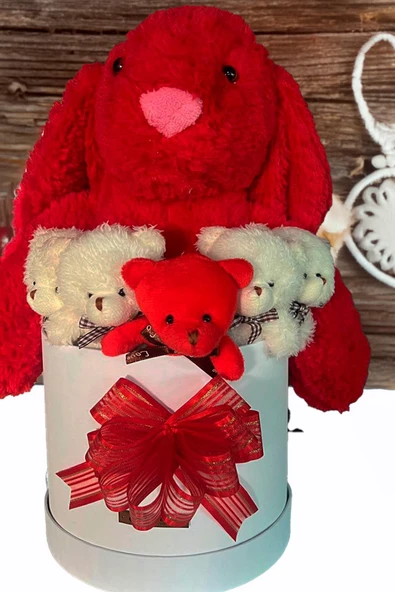 Özel Kutuda, Aşk Temalı Peluş Hediye Kutusu – Kırmızı Jellycat Tavşan & 5 Mini Ayıcık (Özel Tasarım) - Resim 6