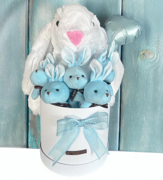 Özel Kututusunda; 45 cm Beyaz Jellycat Tavşan, 5'li Tavşancıklar ve Folyo Kalp Balonlu SET-Ayıcık Buketi - 2