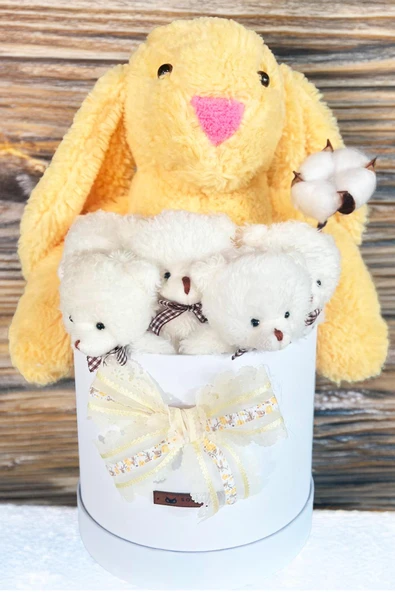 Özel Kutuda, Sarı Jellycat Tavşan, 5 Beyaz Ayıcık – Pamuk Çiçeği Dokunuşlu, Özel Ayıcık Buketi - 5