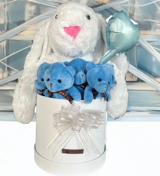Özel Kututusunda; 45 cm Beyaz Jellycat Tavşan, 5'li Ayıcık ve Folyo Kalp Balonlu SET-Ayıcık Buketi
