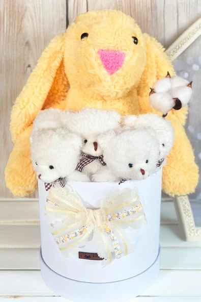 Özel Kutuda, Sarı Jellycat Tavşan, 5 Beyaz Ayıcık – Pamuk Çiçeği Dokunuşlu, Özel Ayıcık Buketi - 4