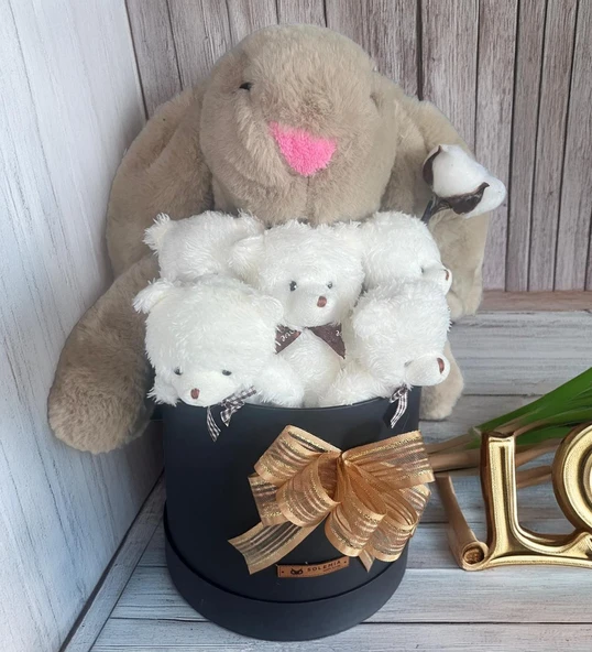 Özel Kutuda, Boz Jellycat Tavşan, 5 Beyaz Ayıcık – Pamuk Çiçeği Dokunuşlu, Özel Ayıcık Buketi - 3