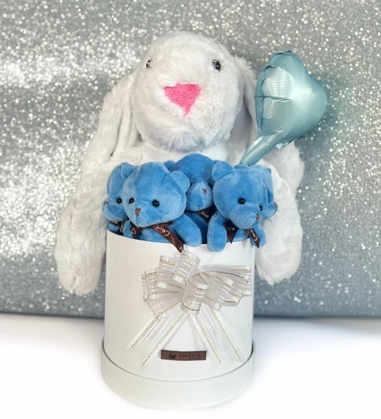 Özel Kututusunda; 45 cm Beyaz Jellycat Tavşan, 5'li Ayıcık ve Folyo Kalp Balonlu SET-Ayıcık Buketi - 2