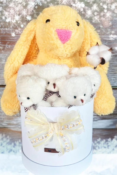 Özel Kutuda, Sarı Jellycat Tavşan, 5 Beyaz Ayıcık – Pamuk Çiçeği Dokunuşlu, Özel Ayıcık Buketi - 6
