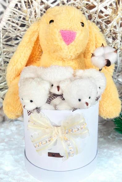 Özel Kutuda, Sarı Jellycat Tavşan, 5 Beyaz Ayıcık – Pamuk Çiçeği Dokunuşlu, Özel Ayıcık Buketi - 3